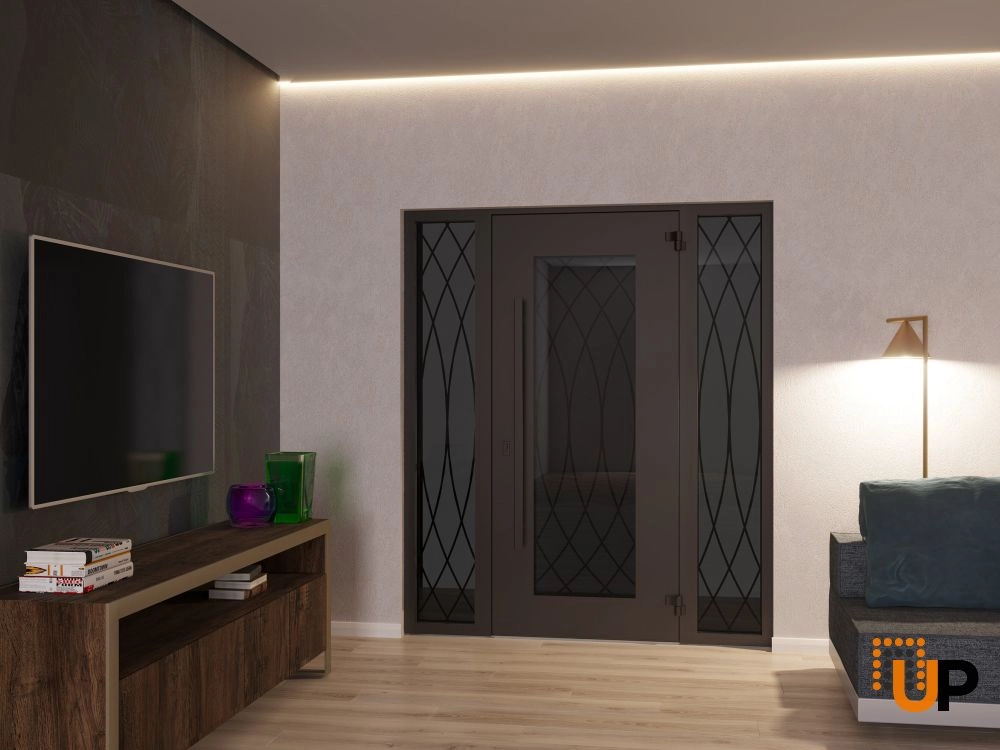 Single swing wrought iron modern exterior door with triplex glass | Iron 1600 Black | 68 x 80 (16+36+16 x 80) photo#4