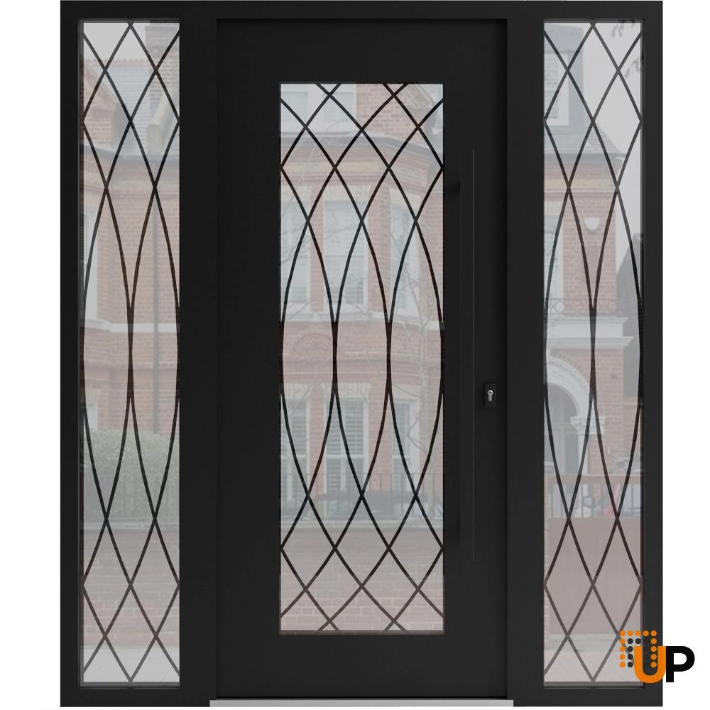 Single swing wrought iron modern exterior door with triplex glass | Iron 1600 Black | 68 x 80 (16+36+16 x 80) photo#1