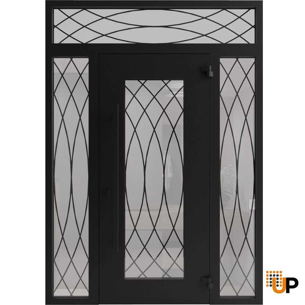 Single swing wrought iron modern exterior door with triplex glass | Iron 1600 Black | 68 x 92 (16+36+16 x 80+12) photo#2