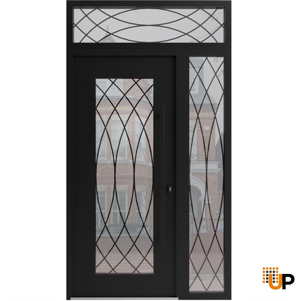 Single swing wrought iron modern exterior door with triplex glass | Iron 1600 Black | 48 x 92 (36+12 x 80+12) photo#1