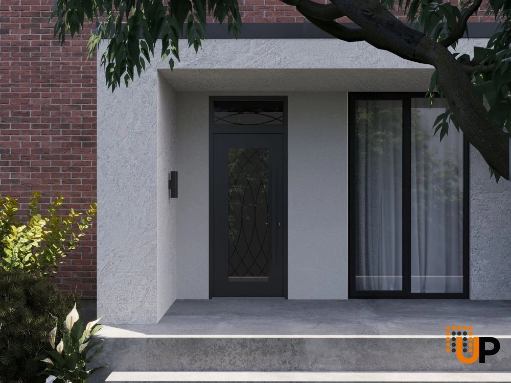 Single swing wrought iron modern exterior door with triplex glass | Iron 1600 Black | 36 x 92 (36 x 80+12) photo#3