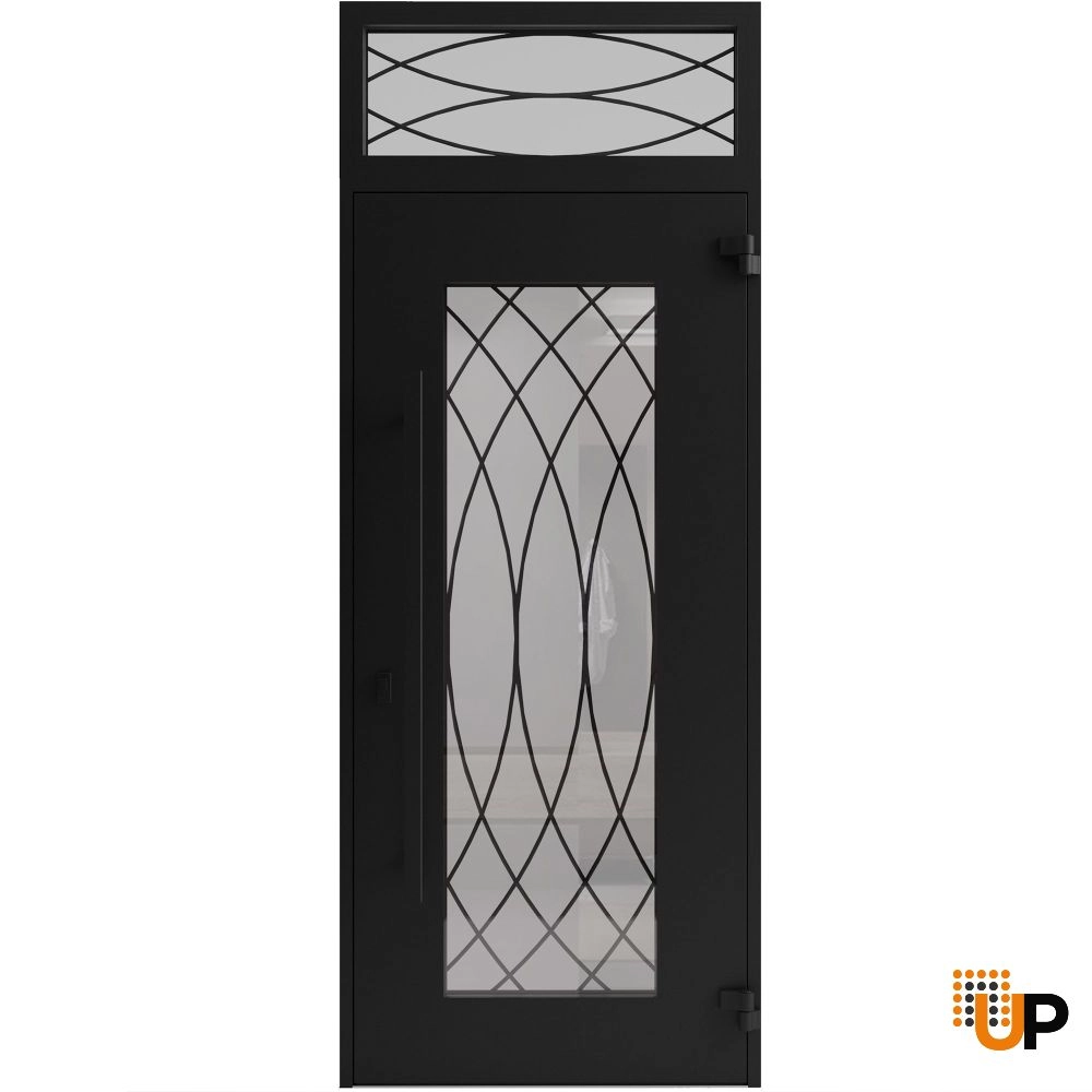 Single swing wrought iron modern exterior door with triplex glass | Iron 1600 Black | 36 x 94 (36 x 80+14) photo#2