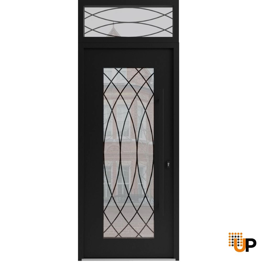 Single swing wrought iron modern exterior door with triplex glass | Iron 1600 Black | 36 x 94 (36 x 80+14) photo#1
