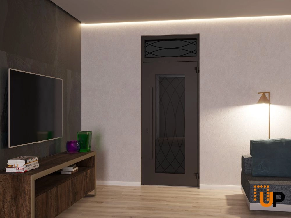 Single swing wrought iron modern exterior door with triplex glass | Iron 1600 Black | 36 x 96 (36 x 80+16) photo#4