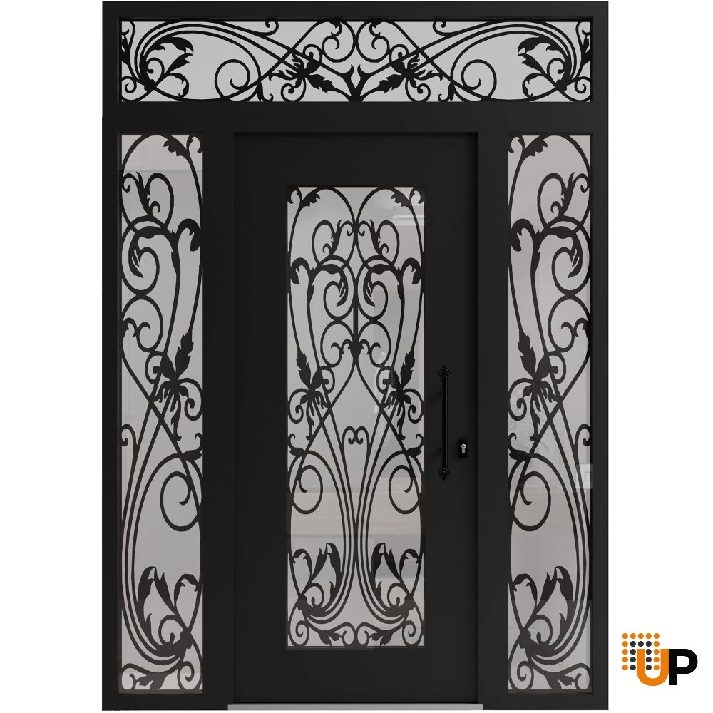 Single swing wrought iron modern exterior door with triplex glass | Iron 1601 Black | 60 x 92 (12+36+12 x 80+12) photo#1