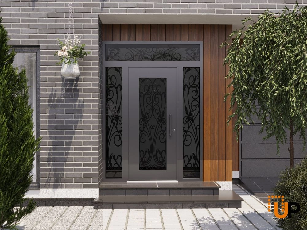 Single swing wrought iron modern exterior door with triplex glass | Iron 1601 Black | 64 x 94 (14+36+14 x 80+14) photo#3