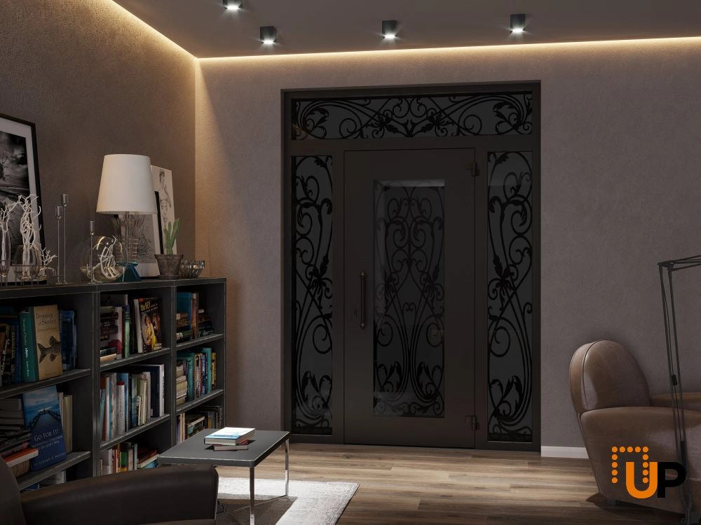 Single swing wrought iron modern exterior door with triplex glass | Iron 1601 Black | 64 x 96 (14+36+14 x 80+16) photo#4