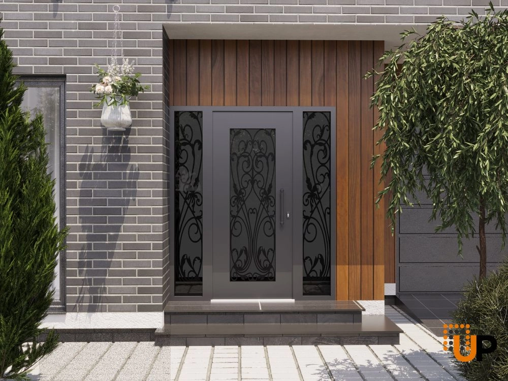 Single swing wrought iron modern exterior door with triplex glass | Iron 1601 Black | 68 x 80 (16+36+16 x 80) photo#3