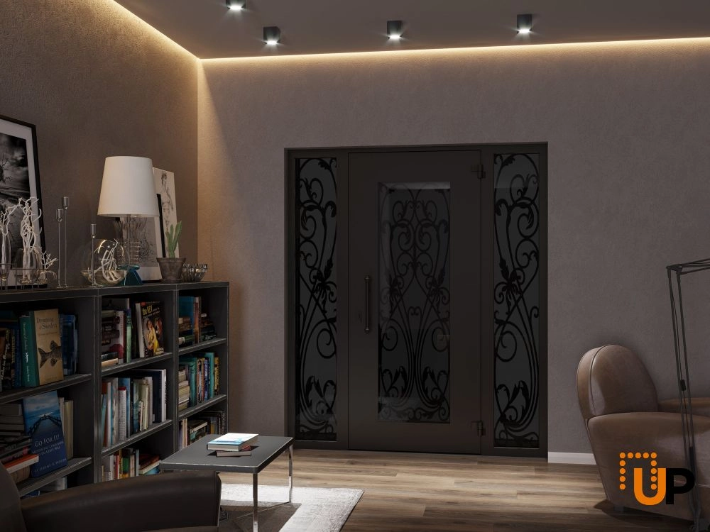 Single swing wrought iron modern exterior door with triplex glass | Iron 1601 Black | 68 x 80 (16+36+16 x 80) photo#4