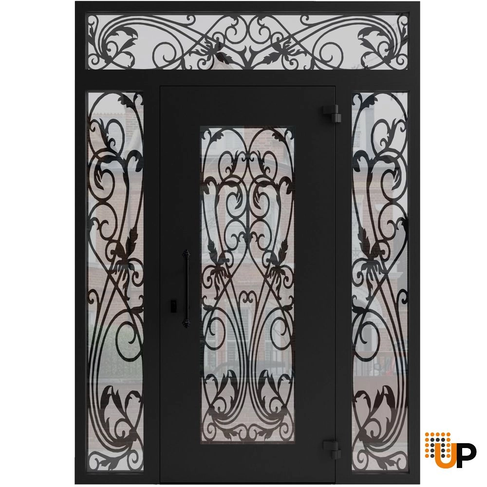 Single swing wrought iron modern exterior door with triplex glass | Iron 1601 Black | 68 x 96 (16+36+16 x 80+16) photo#2