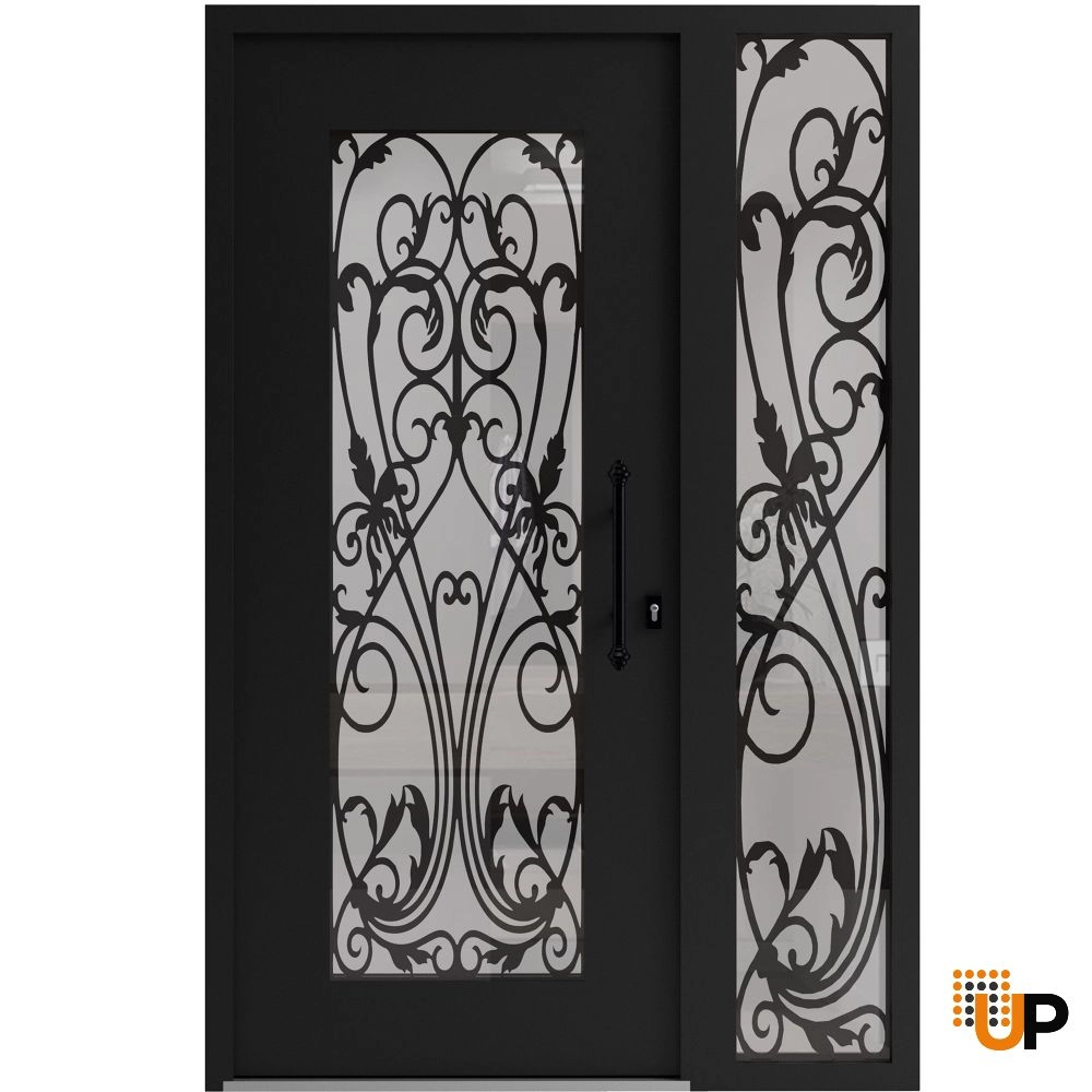 Single swing wrought iron modern exterior door with triplex glass | Iron 1601 Black | 48 x 80 (36+12 x 80) photo#1