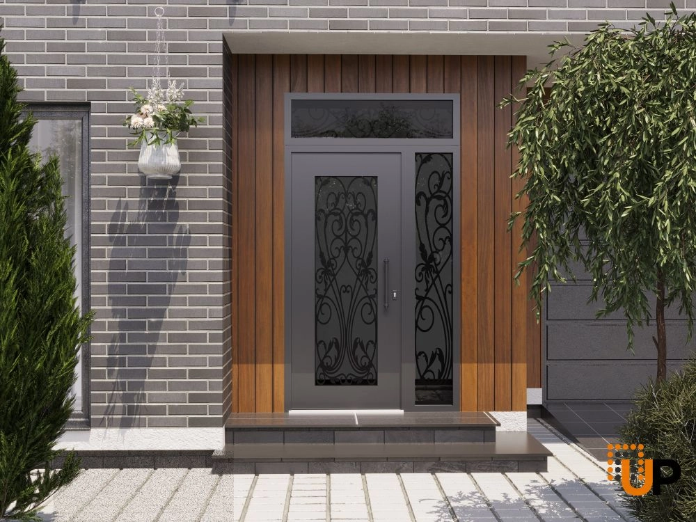 Single swing wrought iron modern exterior door with triplex glass | Iron 1601 Black | 48 x 94 (36+12 x 80+14) photo#3