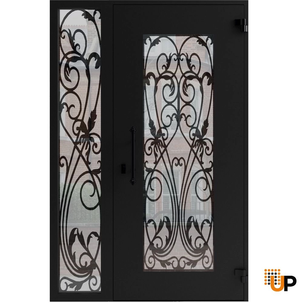 Single swing wrought iron modern exterior door with triplex glass | Iron 1601 Black | 50 x 80 (36+14 x 80) photo#2