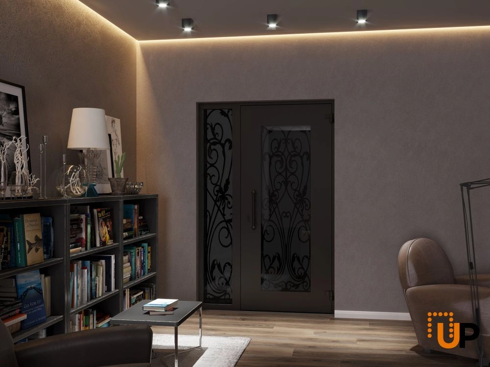 Single swing wrought iron modern exterior door with triplex glass | Iron 1601 Black | 50 x 80 (36+14 x 80) photo#4