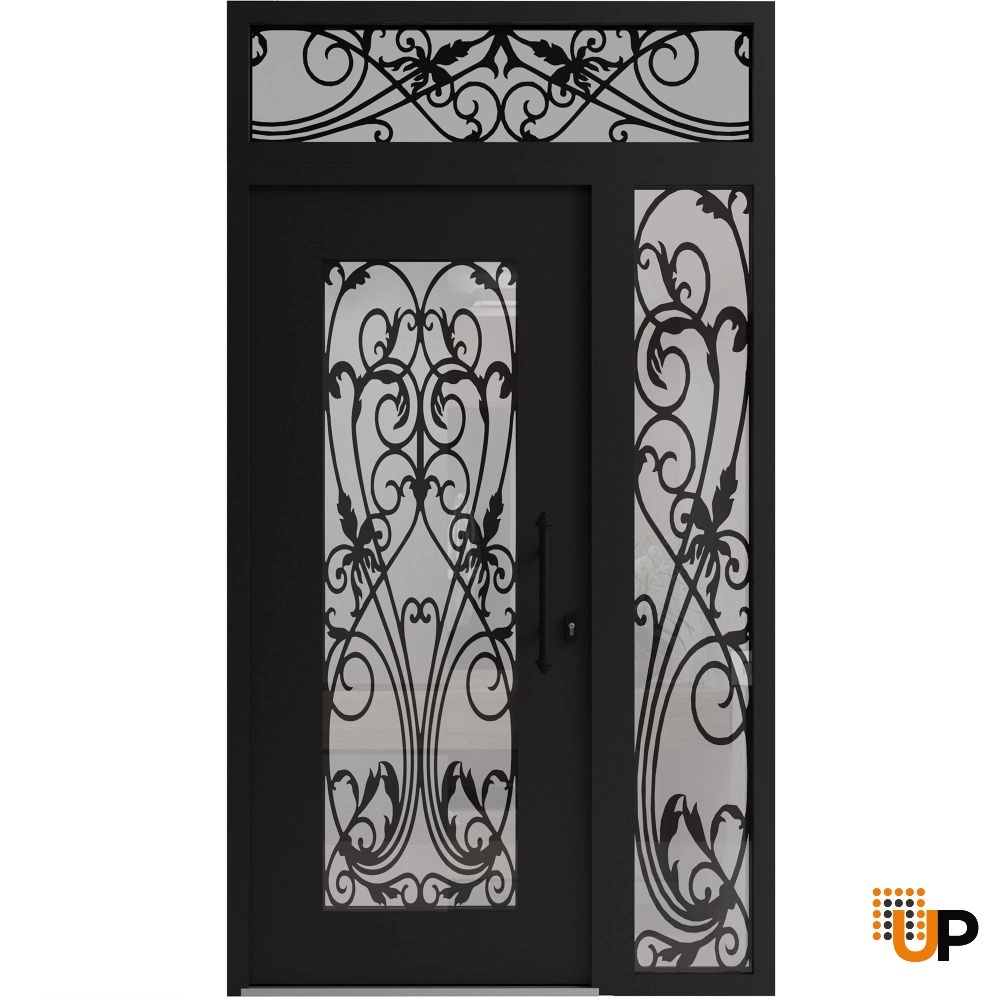 Single swing wrought iron modern exterior door with triplex glass | Iron 1601 Black | 50 x 92 (36+14 x 80+12) photo#1