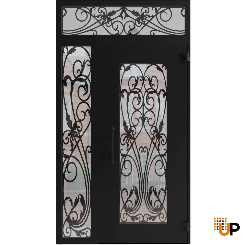 Single swing wrought iron modern exterior door with triplex glass | Iron 1601 Black | 50 x 94 (36+14 x 80+14) photo#2