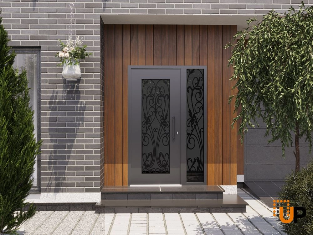Single swing wrought iron modern exterior door with triplex glass | Iron 1601 Black | 52 x 80 (36+16 x 80) photo#3