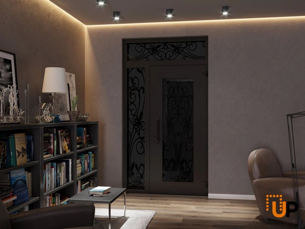 Single swing wrought iron modern exterior door with triplex glass | Iron 1601 Black | 52 x 94 (36+16 x 80+14) photo#4