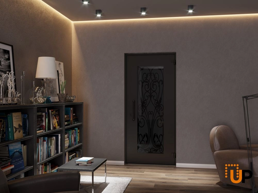 Single swing wrought iron modern exterior door with triplex glass | Iron 1601 Black | 36 x 80 (36 x 80) photo#4