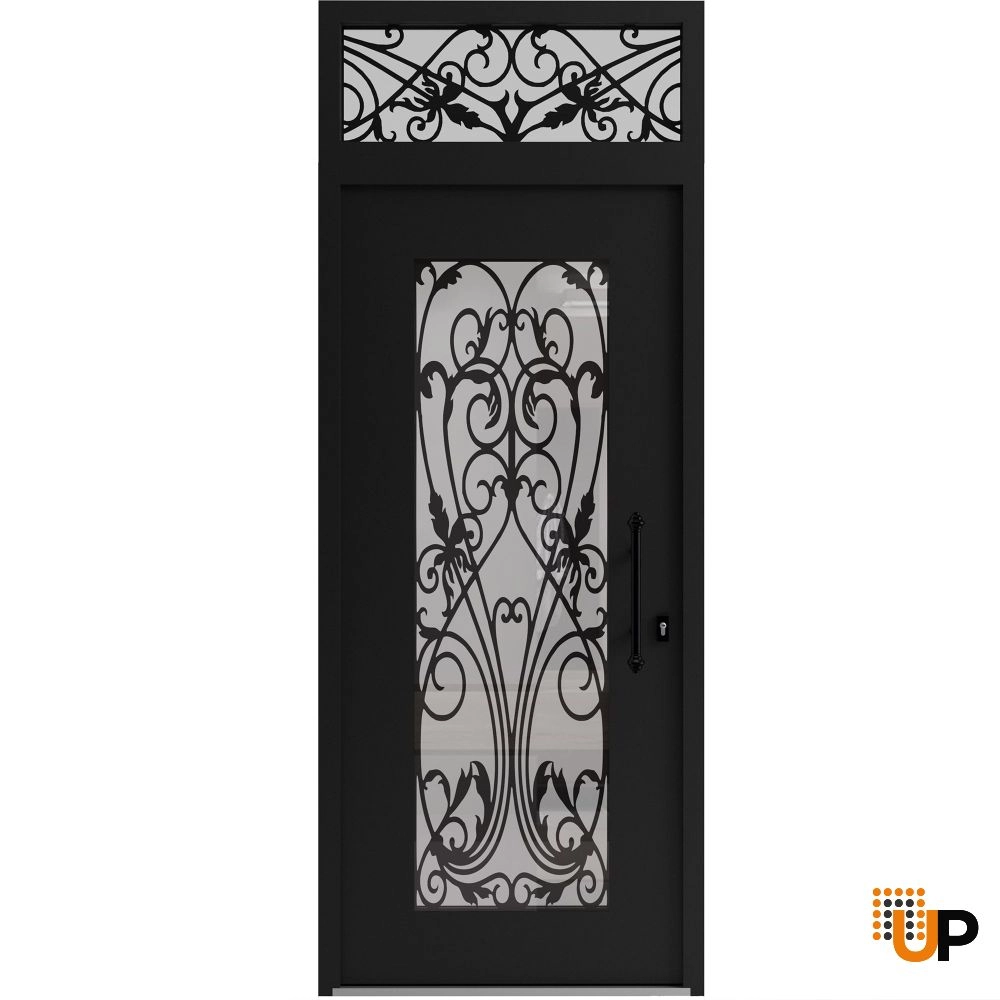 Single swing wrought iron modern exterior door with triplex glass | Iron 1601 Black | 36 x 92 (36 x 80+12) photo#1