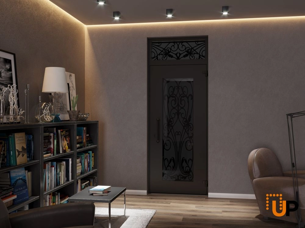 Single swing wrought iron modern exterior door with triplex glass | Iron 1601 Black | 36 x 92 (36 x 80+12) photo#4