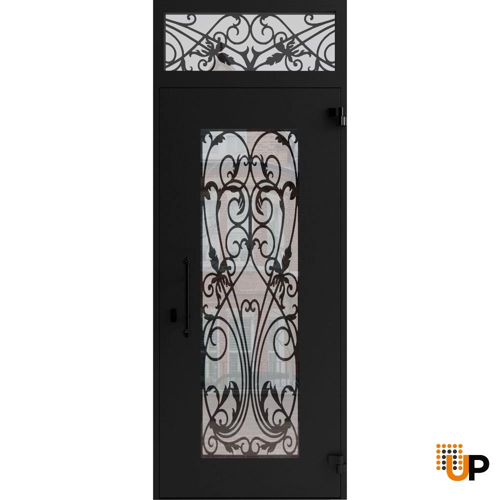 Single swing wrought iron modern exterior door with triplex glass | Iron 1601 Black | 36 x 94 (36 x 80+14) photo#2
