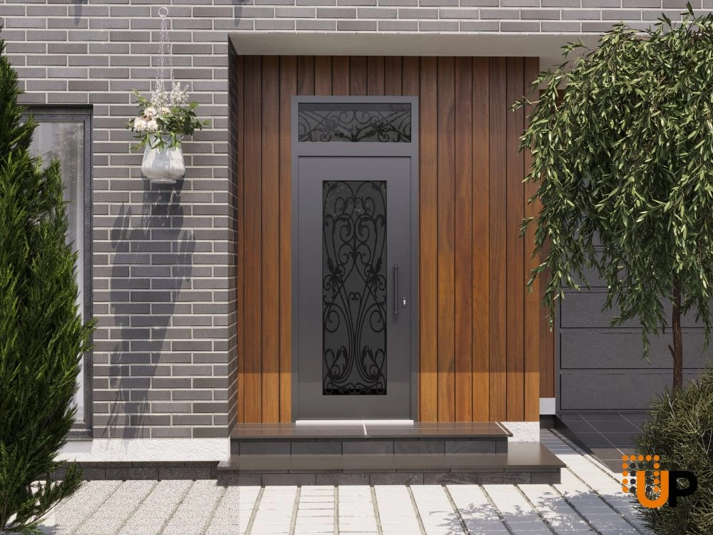 Single swing wrought iron modern exterior door with triplex glass | Iron 1601 Black | 36 x 96 (36 x 80+16) photo#3