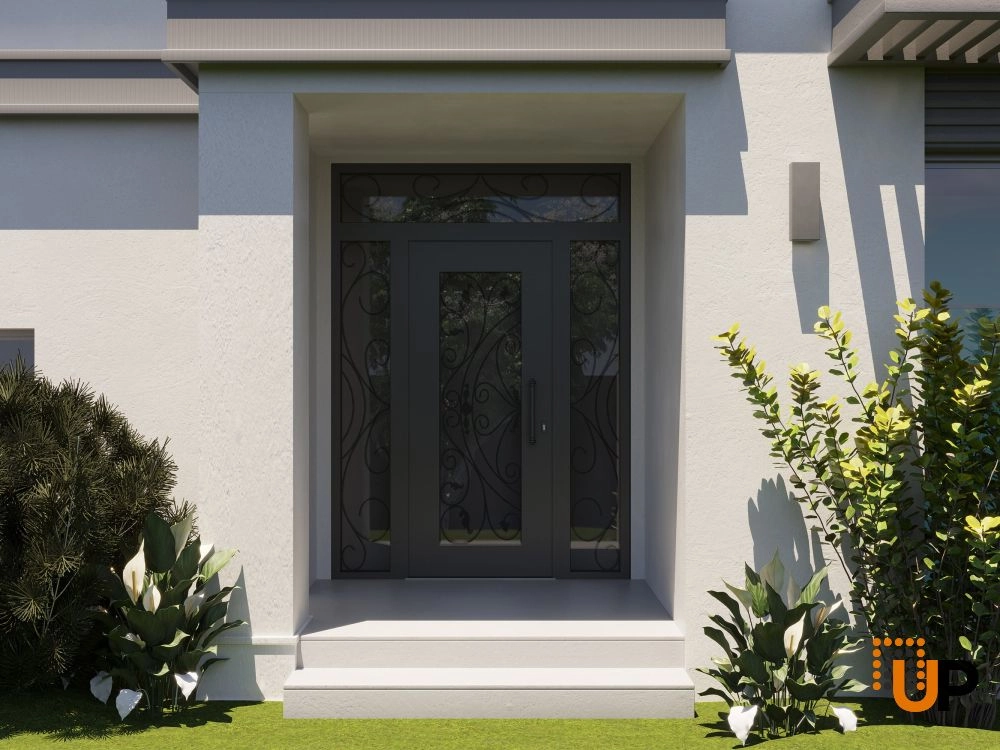 Single swing wrought iron modern exterior door with triplex glass | Iron 1633 Black | 60 x 96 (12+36+12 x 80+16) photo#3