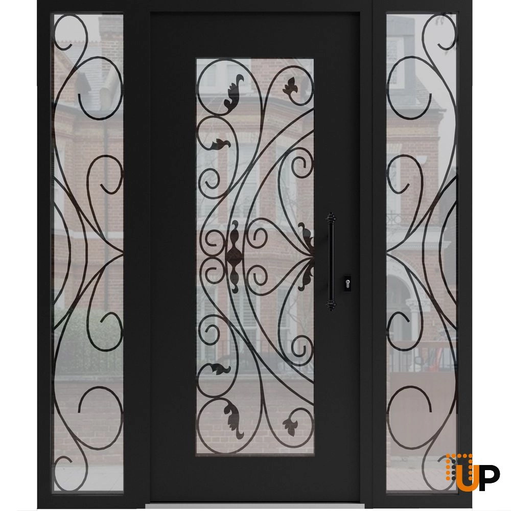 Single swing wrought iron modern exterior door with triplex glass | Iron 1633 Black | 64 x 80 (14+36+14 x 80) photo#1