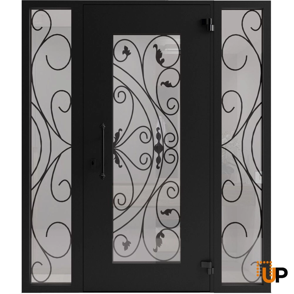 Single swing wrought iron modern exterior door with triplex glass | Iron 1633 Black | 64 x 80 (14+36+14 x 80) photo#2