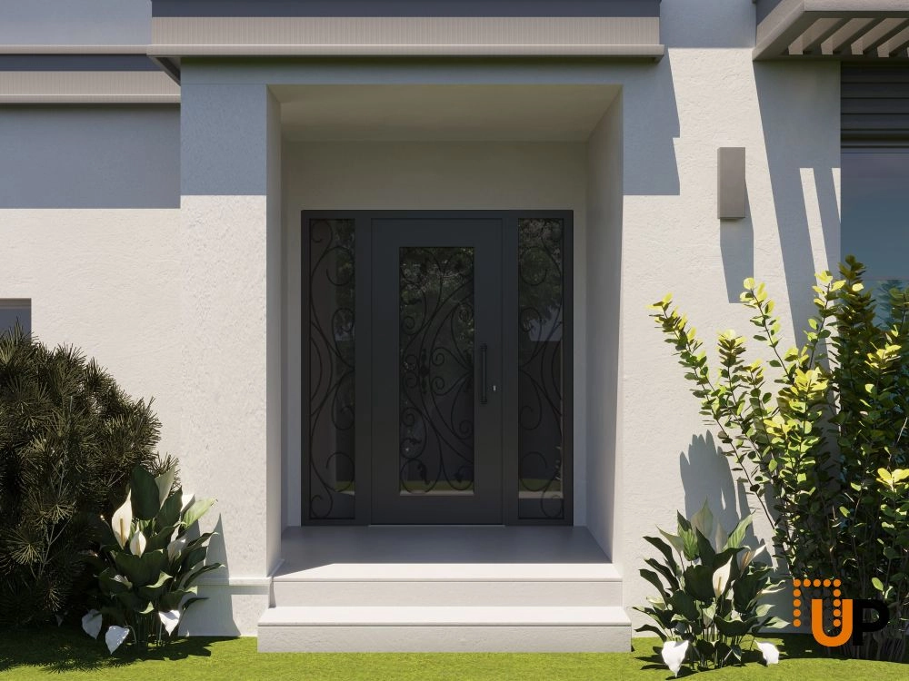 Single swing wrought iron modern exterior door with triplex glass | Iron 1633 Black | 64 x 80 (14+36+14 x 80) photo#3