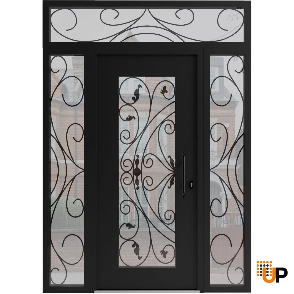 Single swing wrought iron modern exterior door with triplex glass | Iron 1633 Black | 64 x 94 (14+36+14 x 80+14) photo#1