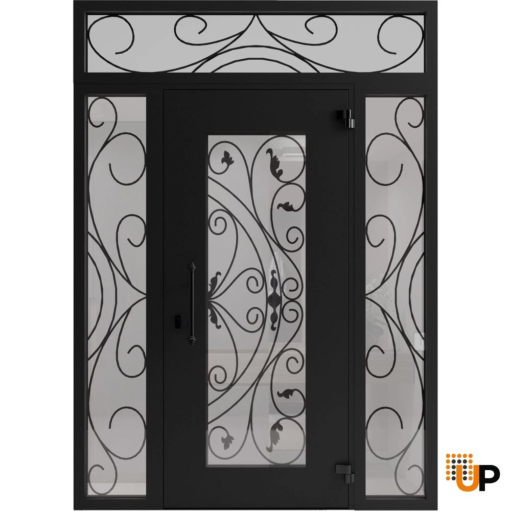 Single swing wrought iron modern exterior door with triplex glass | Iron 1633 Black | 68 x 92 (16+36+16 x 80+12) photo#2