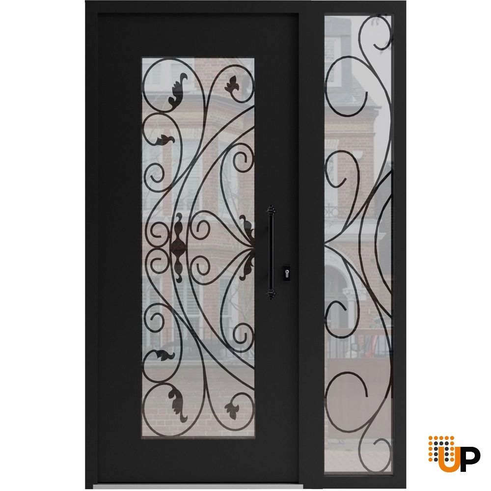 Single swing wrought iron modern exterior door with triplex glass | Iron 1633 Black | 48 x 80 (36+12 x 80) photo#1