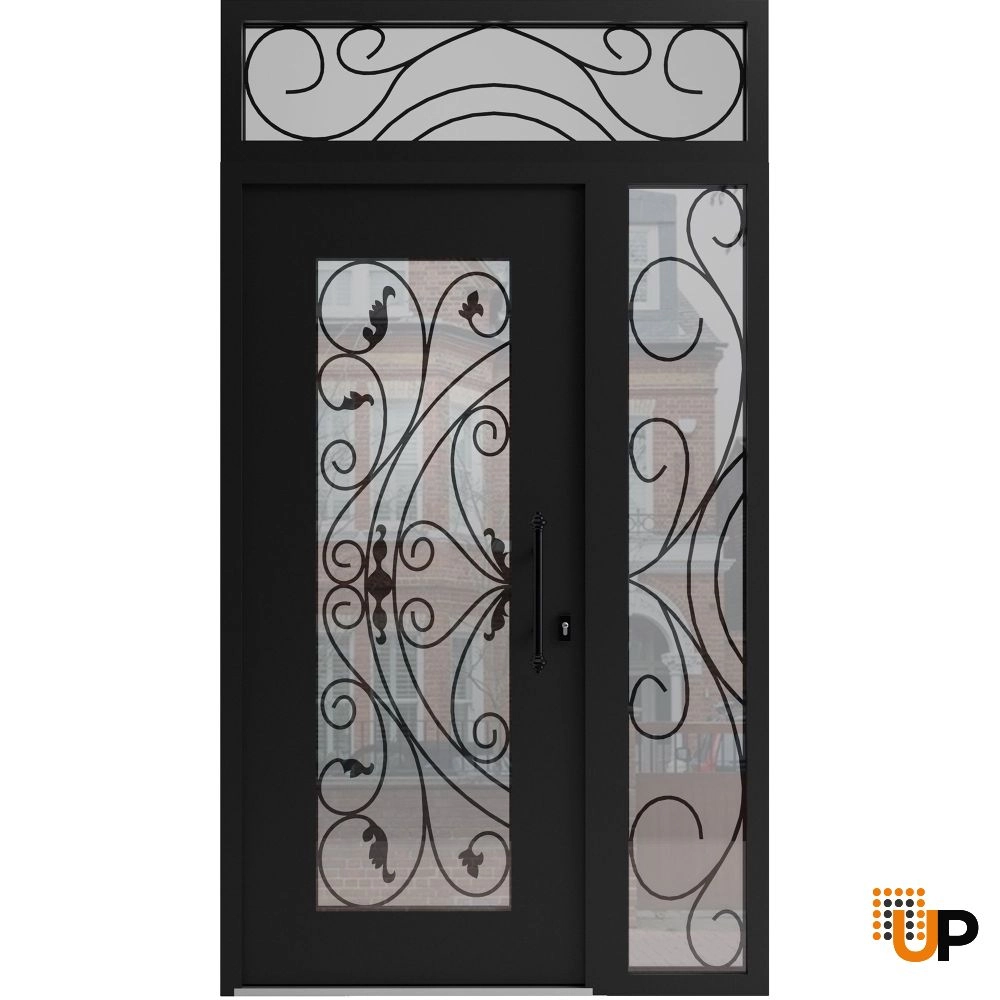 Single swing wrought iron modern exterior door with triplex glass | Iron 1633 Black | 48 x 94 (36+12 x 80+14) photo#1
