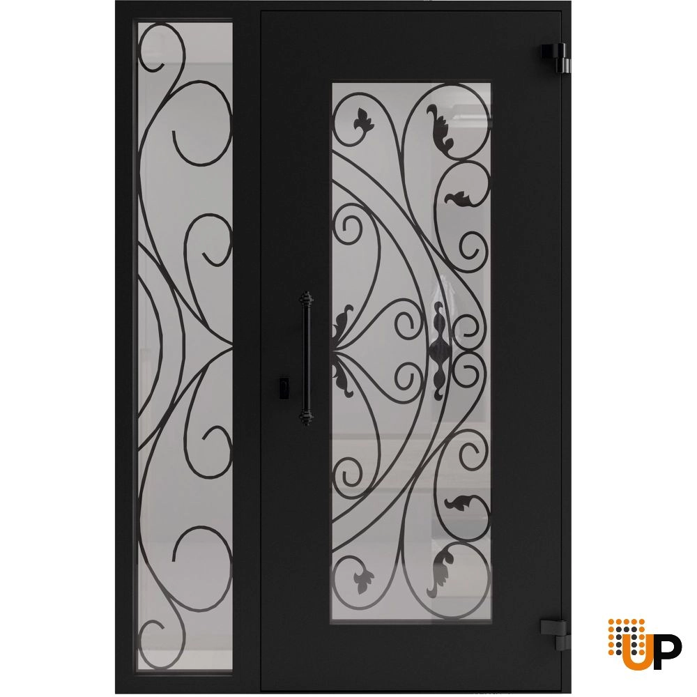 Single swing wrought iron modern exterior door with triplex glass | Iron 1633 Black | 52 x 80 (36+16 x 80) photo#2