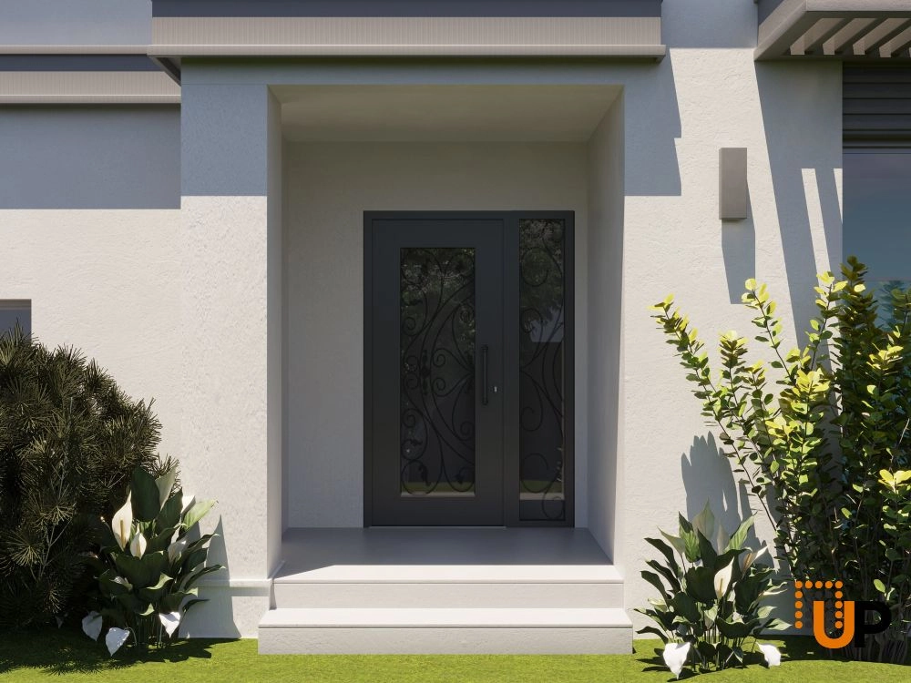 Single swing wrought iron modern exterior door with triplex glass | Iron 1633 Black | 52 x 80 (36+16 x 80) photo#3