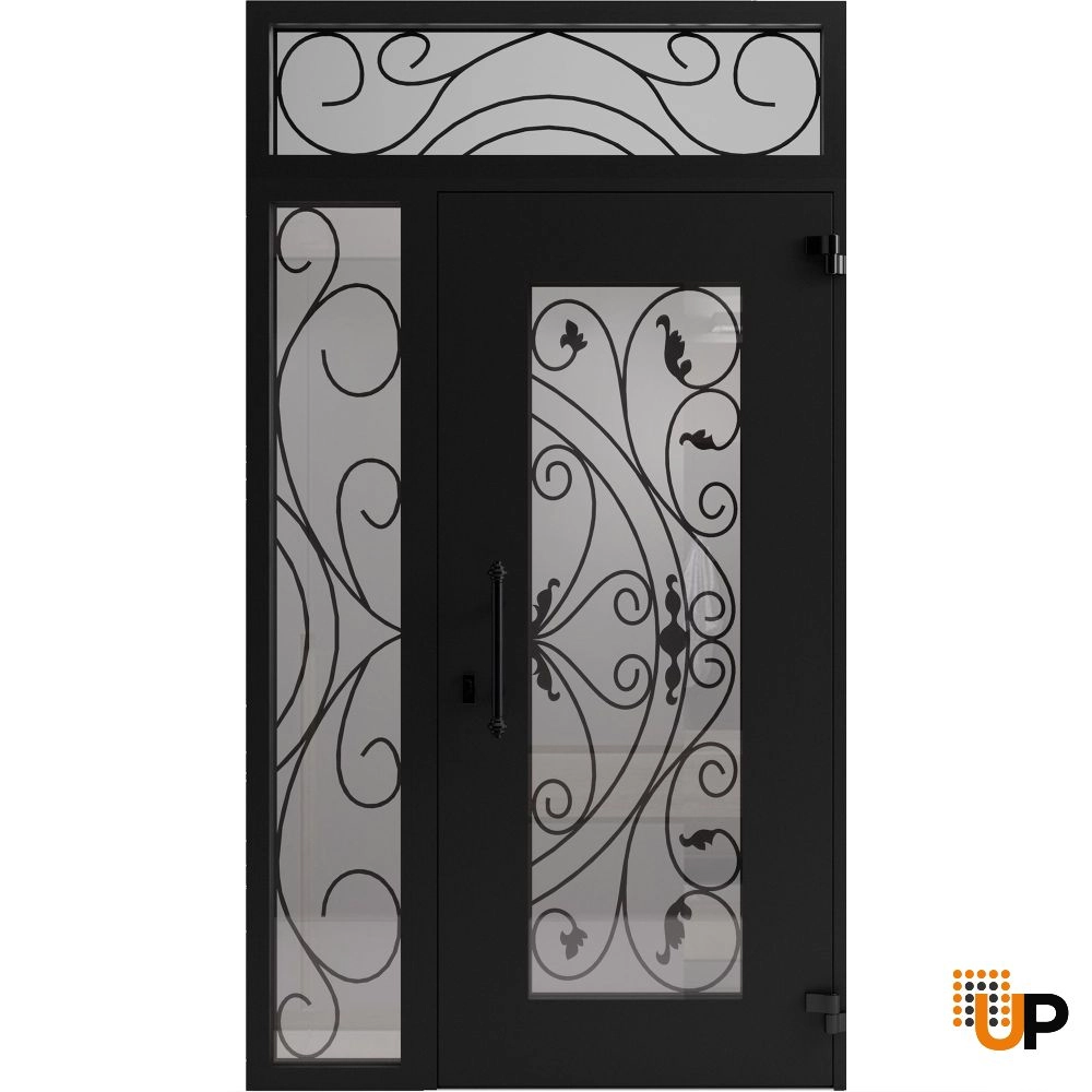 Single swing wrought iron modern exterior door with triplex glass | Iron 1633 Black | 52 x 96 (36+16 x 80+16) photo#2