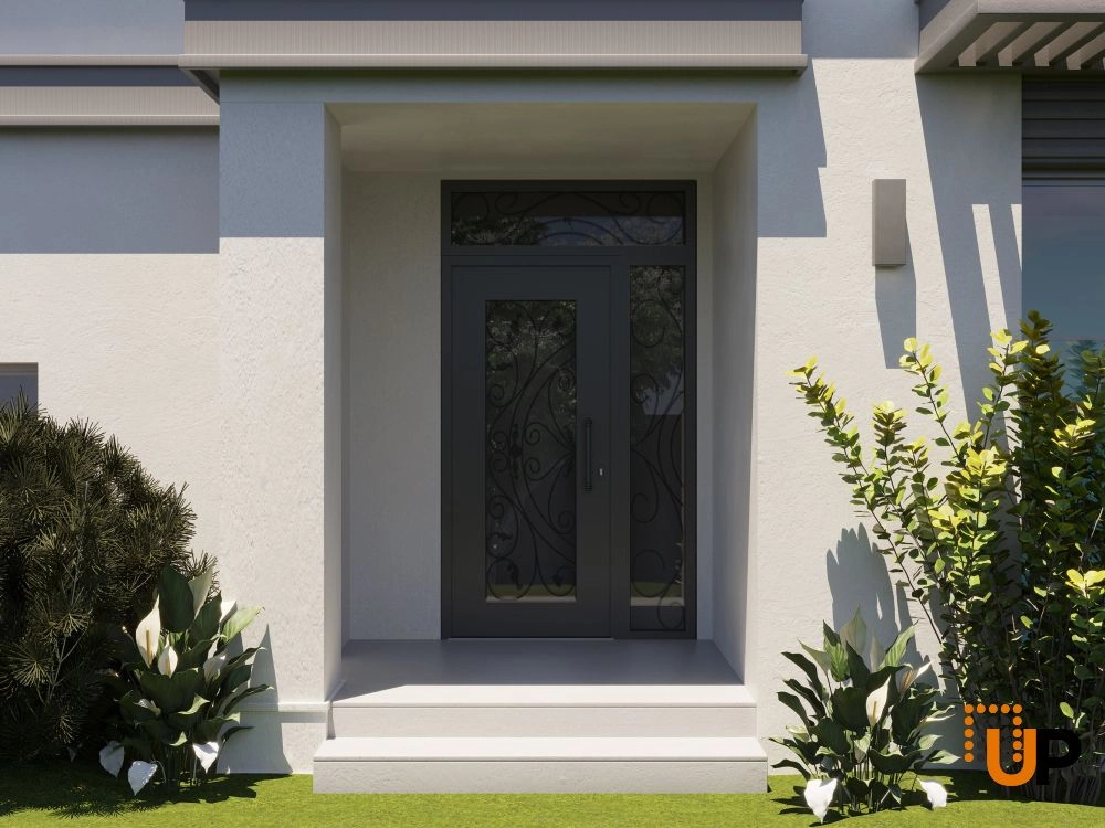Single swing wrought iron modern exterior door with triplex glass | Iron 1633 Black | 52 x 96 (36+16 x 80+16) photo#3