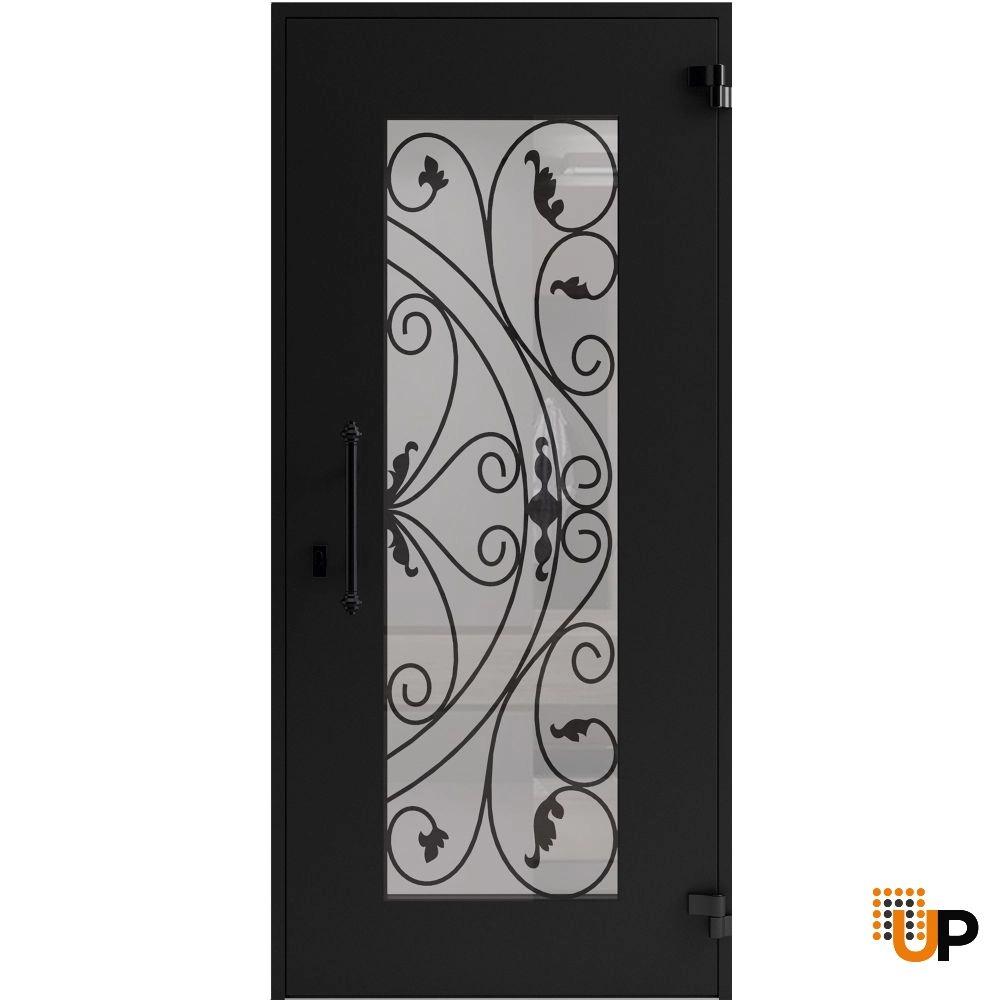 Single swing wrought iron modern exterior door with triplex glass | Iron 1633 Black | 36 x 80 (36 x 80) photo#2