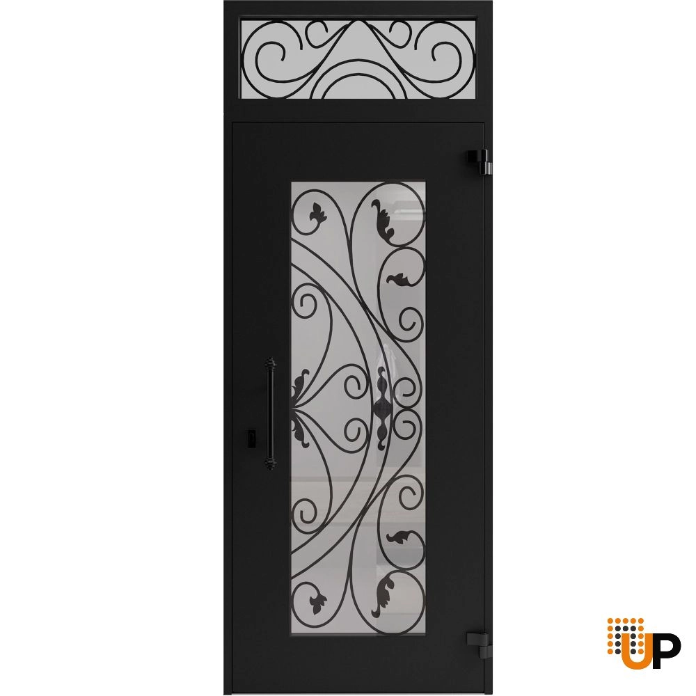 Single swing wrought iron modern exterior door with triplex glass | Iron 1633 Black | 36 x 92 (36 x 80+12) photo#2