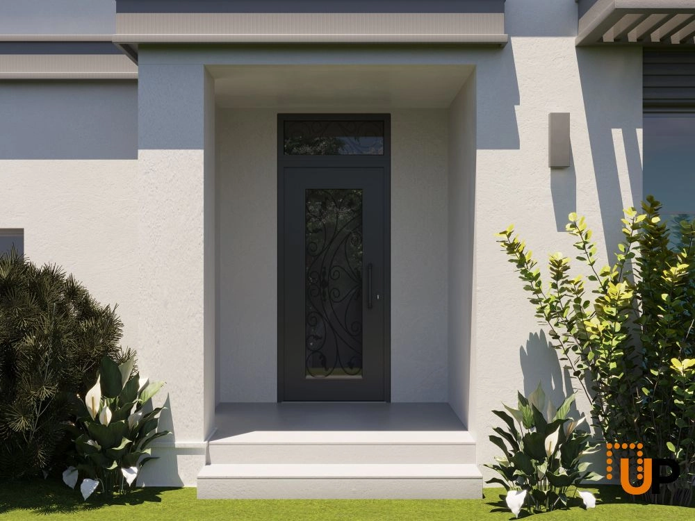 Single swing wrought iron modern exterior door with triplex glass | Iron 1633 Black | 36 x 92 (36 x 80+12) photo#3
