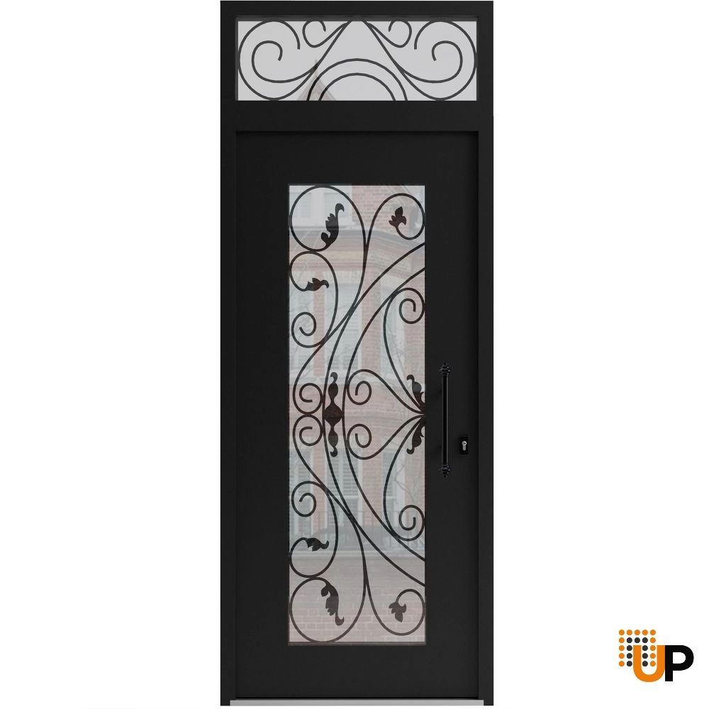 Single swing wrought iron modern exterior door with triplex glass | Iron 1633 Black | 36 x 92 (36 x 80+12) photo#1