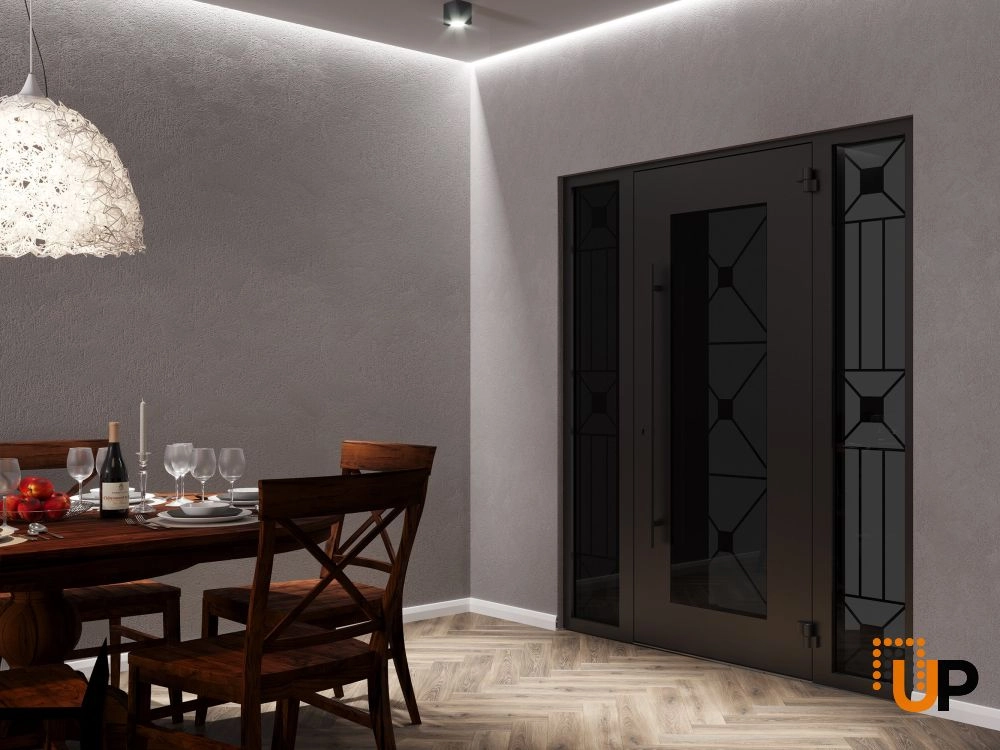 Single swing wrought iron modern exterior door with triplex glass | Iron 1655 Black | 64 x 80 (14+36+14 x 80) photo#4