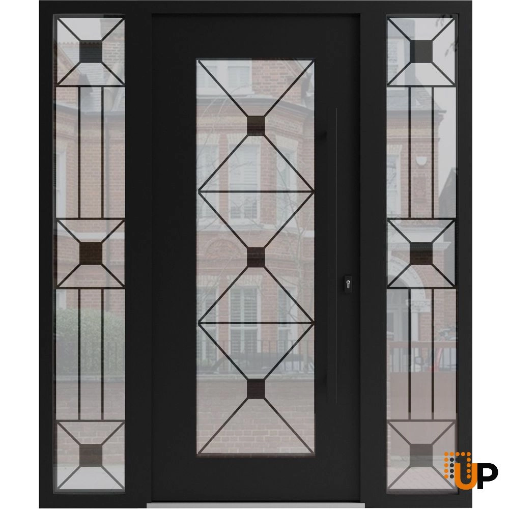 Single swing wrought iron modern exterior door with triplex glass | Iron 1655 Black | 68 x 80 (16+36+16 x 80) photo#1