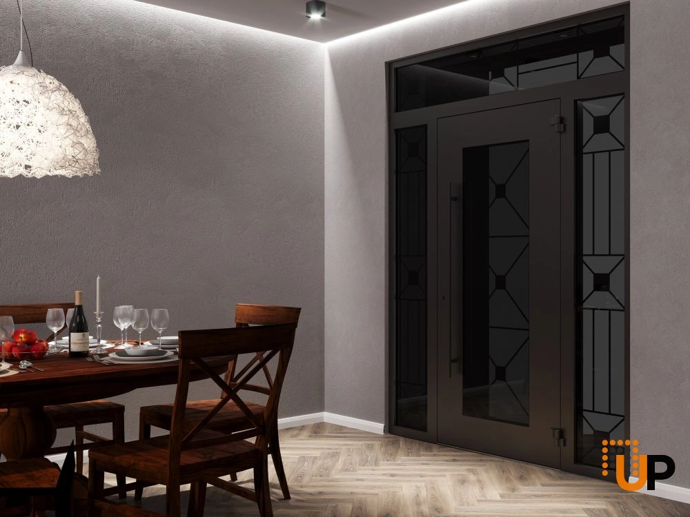 Single swing wrought iron modern exterior door with triplex glass | Iron 1655 Black | 68 x 92 (16+36+16 x 80+12) photo#4