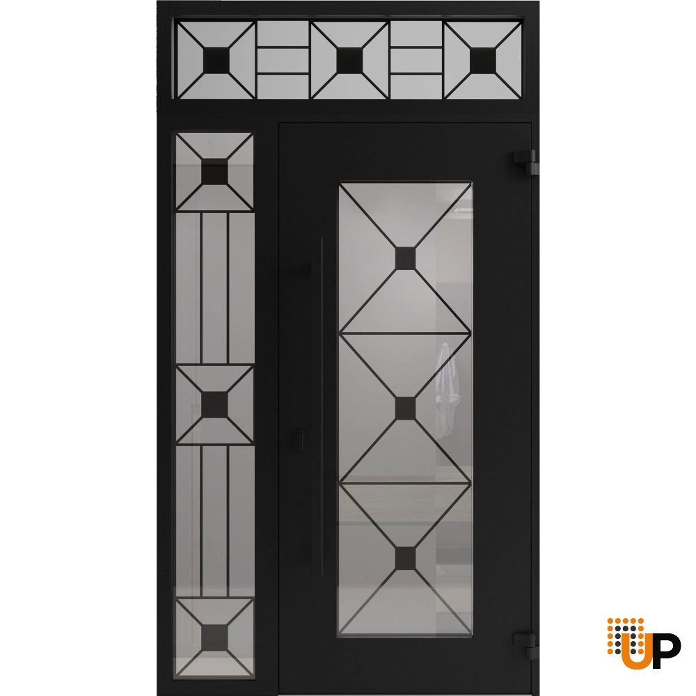 Single swing wrought iron modern exterior door with triplex glass | Iron 1655 Black | 48 x 92 (36+12 x 80+12) photo#2