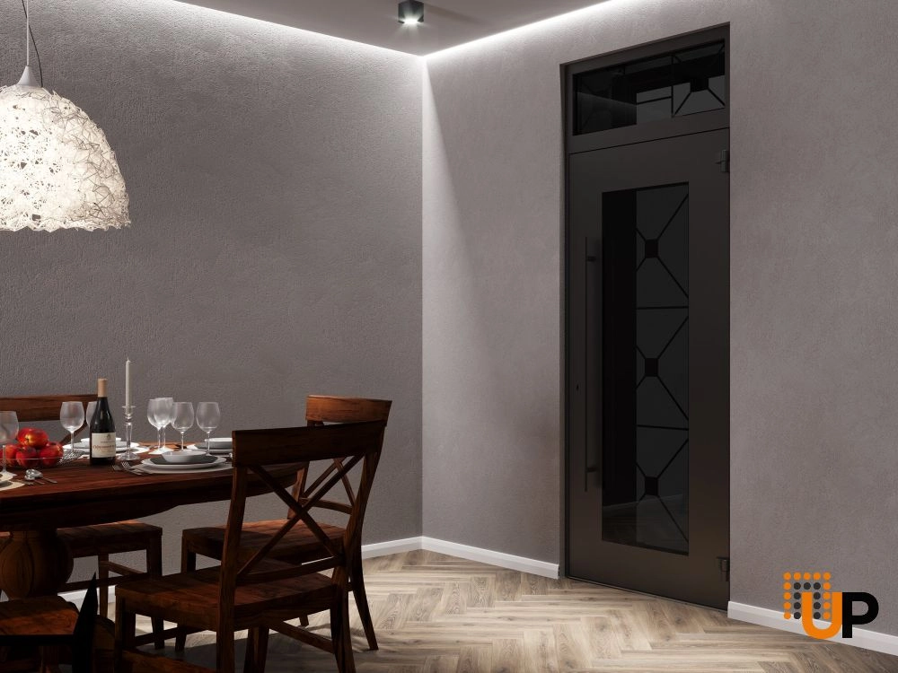 Single swing wrought iron modern exterior door with triplex glass | Iron 1655 Black | 36 x 94 (36 x 80+14) photo#4