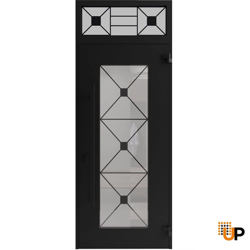 Single swing wrought iron modern exterior door with triplex glass | Iron 1655 Black | 36 x 94 (36 x 80+14) photo#2