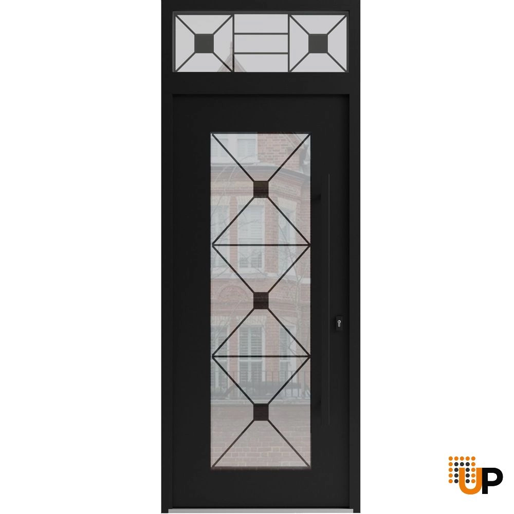 Single swing wrought iron modern exterior door with triplex glass | Iron 1655 Black | 36 x 96 (36 x 80+16) photo#1